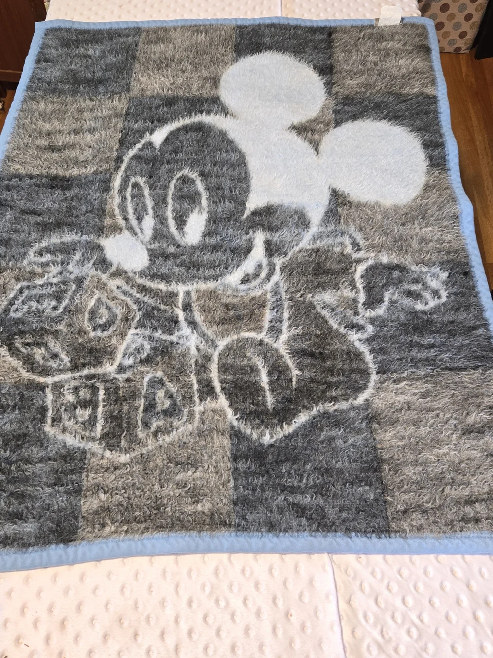 Vintage 1984 Biederlack Disney Babies Mickey Mouse‎ Blue Blocks Baby Blanket USA